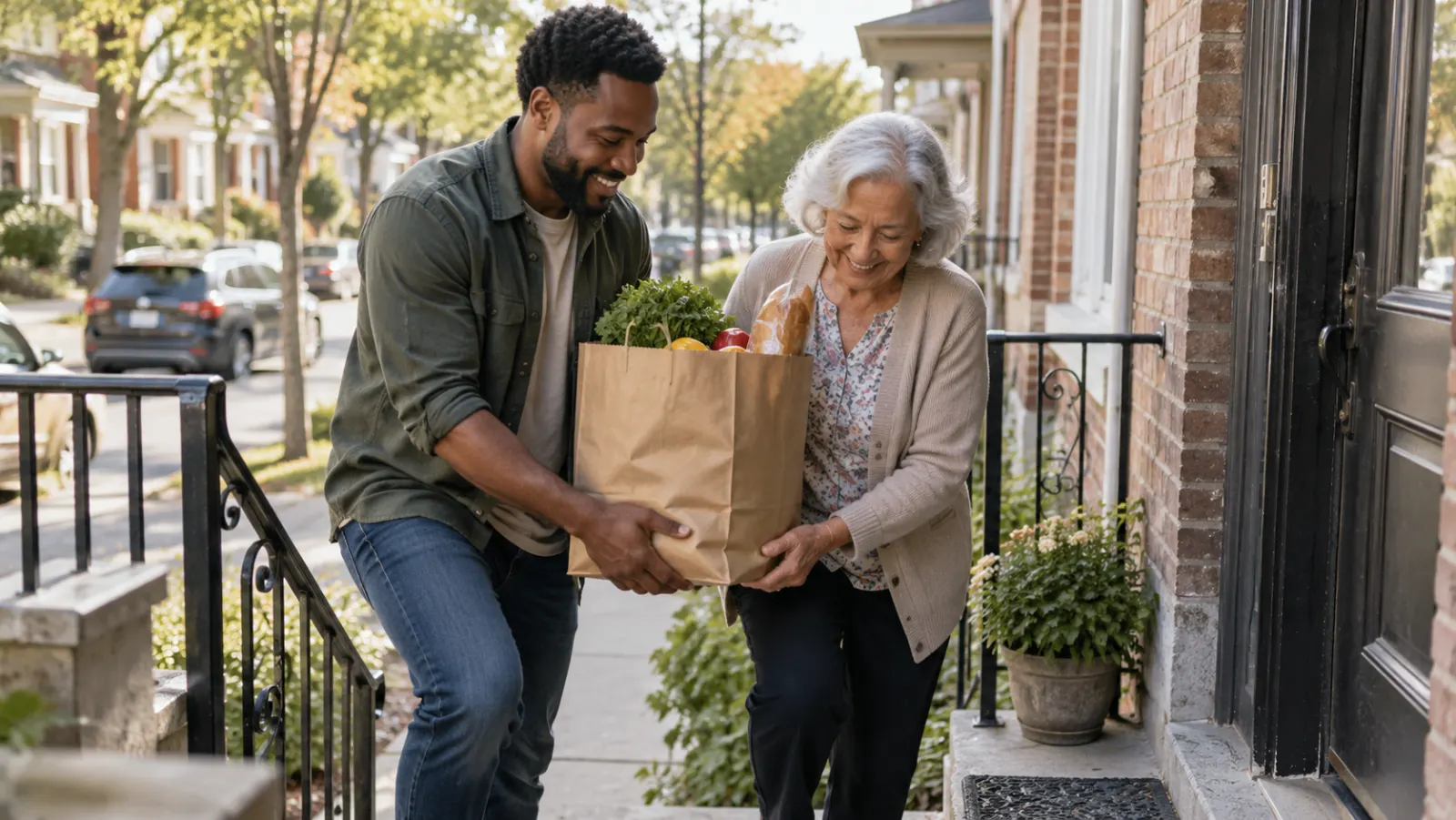 Two neighbors help carry groceries up the steps of a neighborhood home.