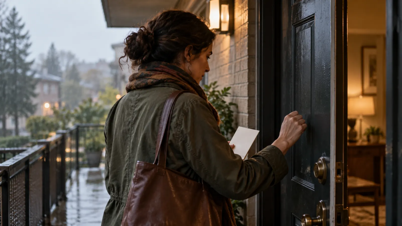 A person pauses at a doorway holding a folded blank card.