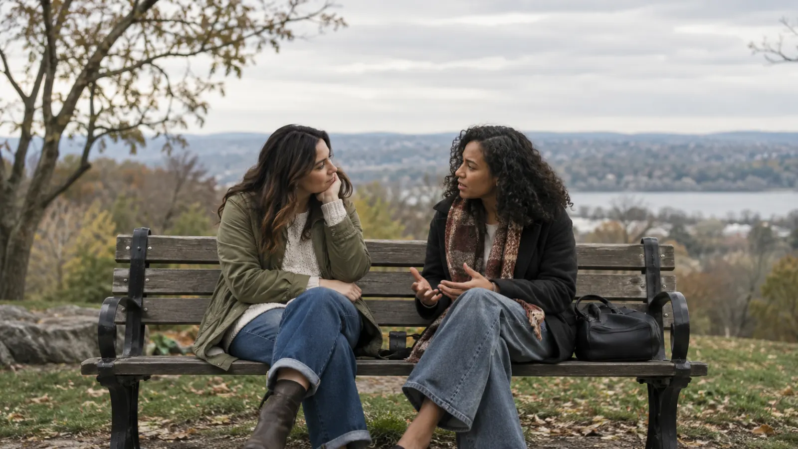 Two people sit together talking quietly on a park bench.