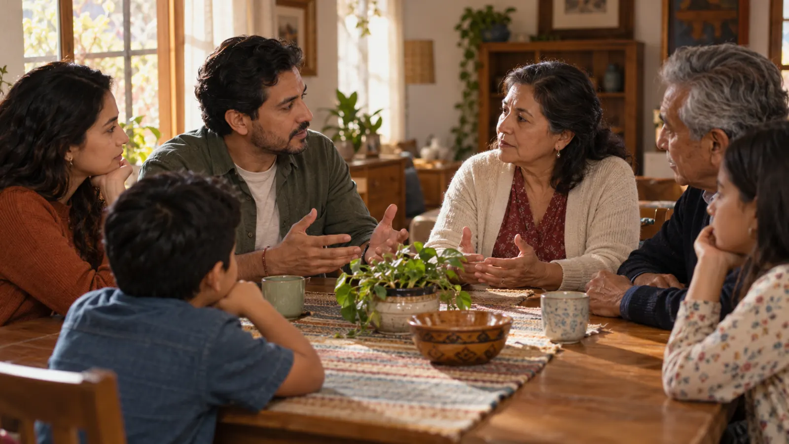Varios familiares conversan con respeto alrededor de una mesa en una casa latinoamericana.