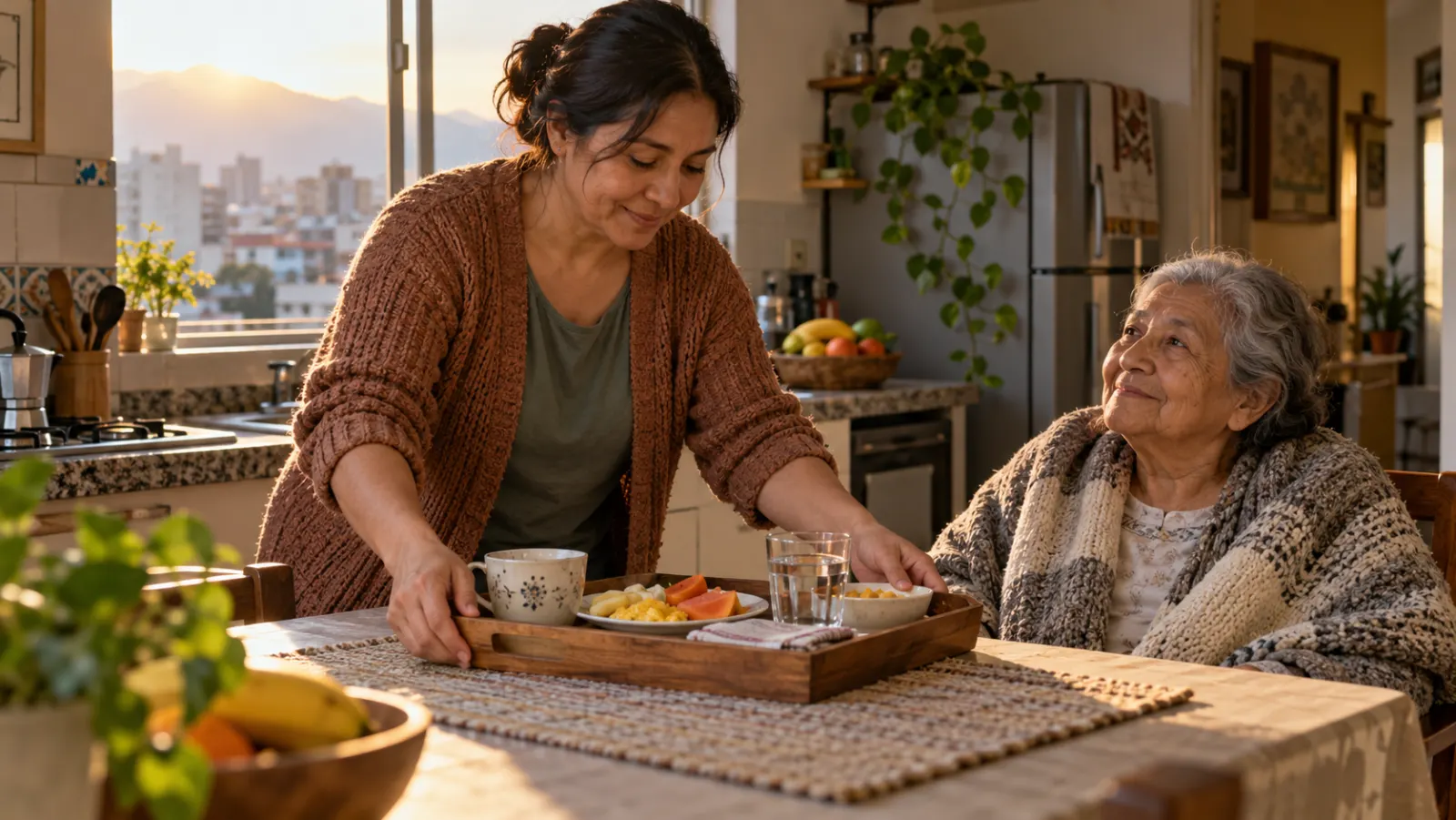 Una persona prepara el desayuno mientras un familiar mayor descansa cerca, en una cocina al amanecer.
