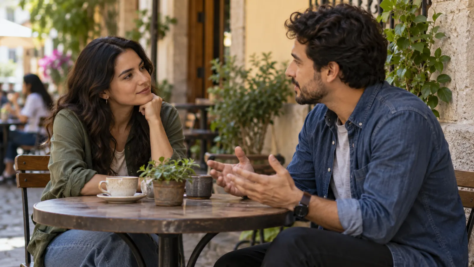 Dos amistades conversan con calma en una mesa de cafetería al aire libre.