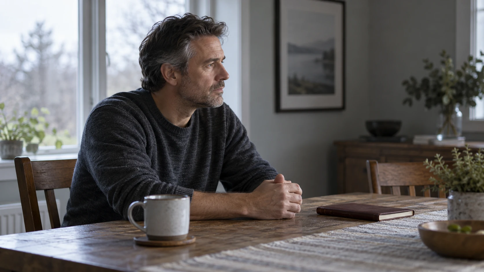A middle-aged man pauses thoughtfully at a dining table beside a closed journal in soft morning light.
