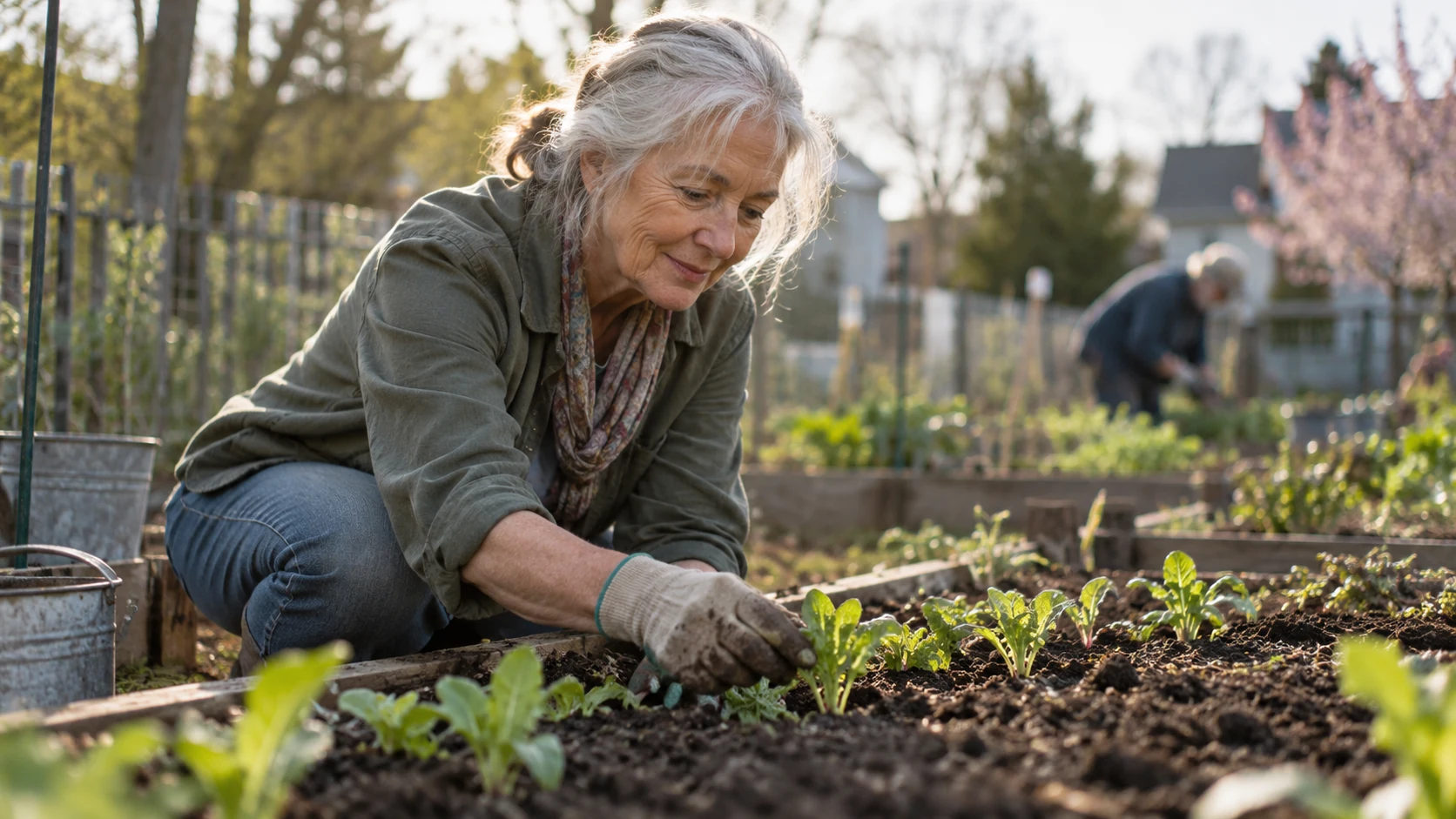An older woman carefully tends new seedlings in a neighborhood community garden.