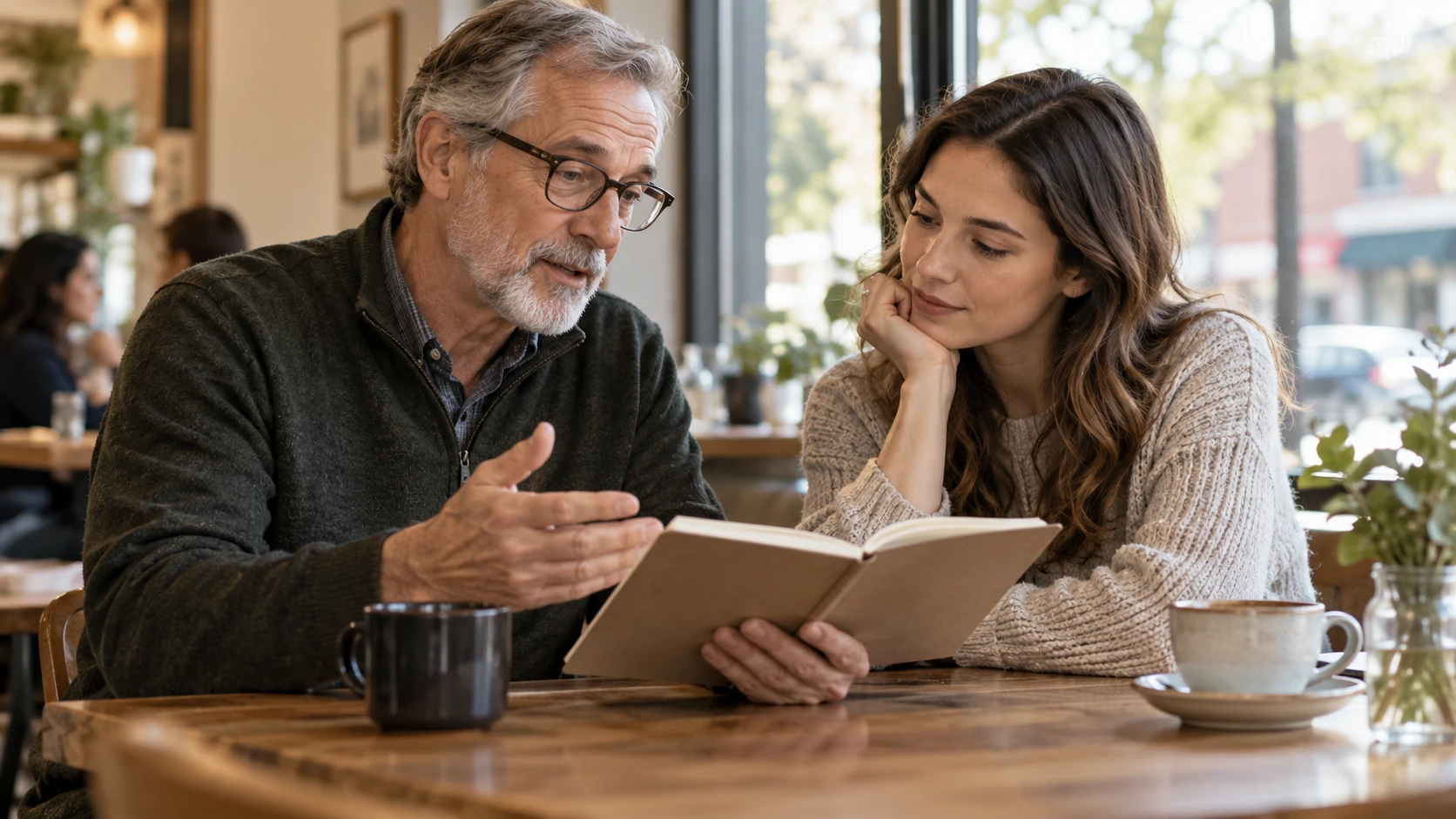 An older man and a younger woman discuss an open notebook together over coffee at a cafe.