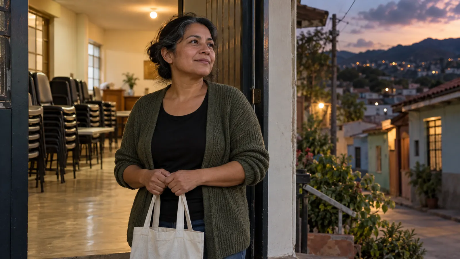 Una persona que colaboró en una reunión comunitaria se detiene junto a unas sillas apiladas, al caer la tarde.