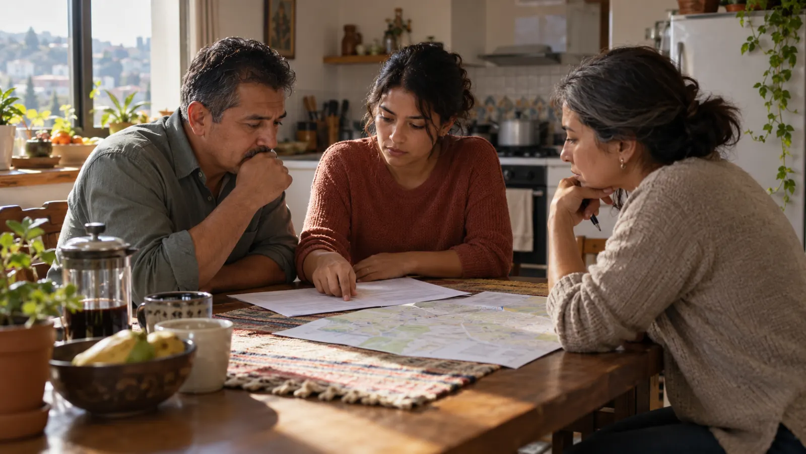 Tres familiares conversan alrededor de una mesa con documentos sin marcas y un mapa, valorando una mudanza.