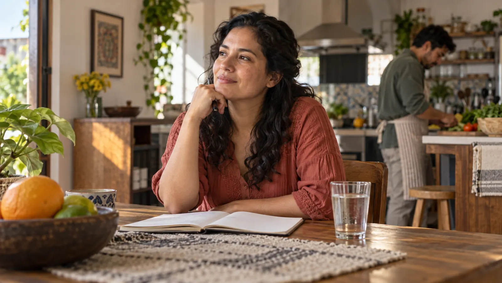 Una persona reflexiona junto a un cuaderno y un vaso de agua en una mesa doméstica iluminada por el sol.