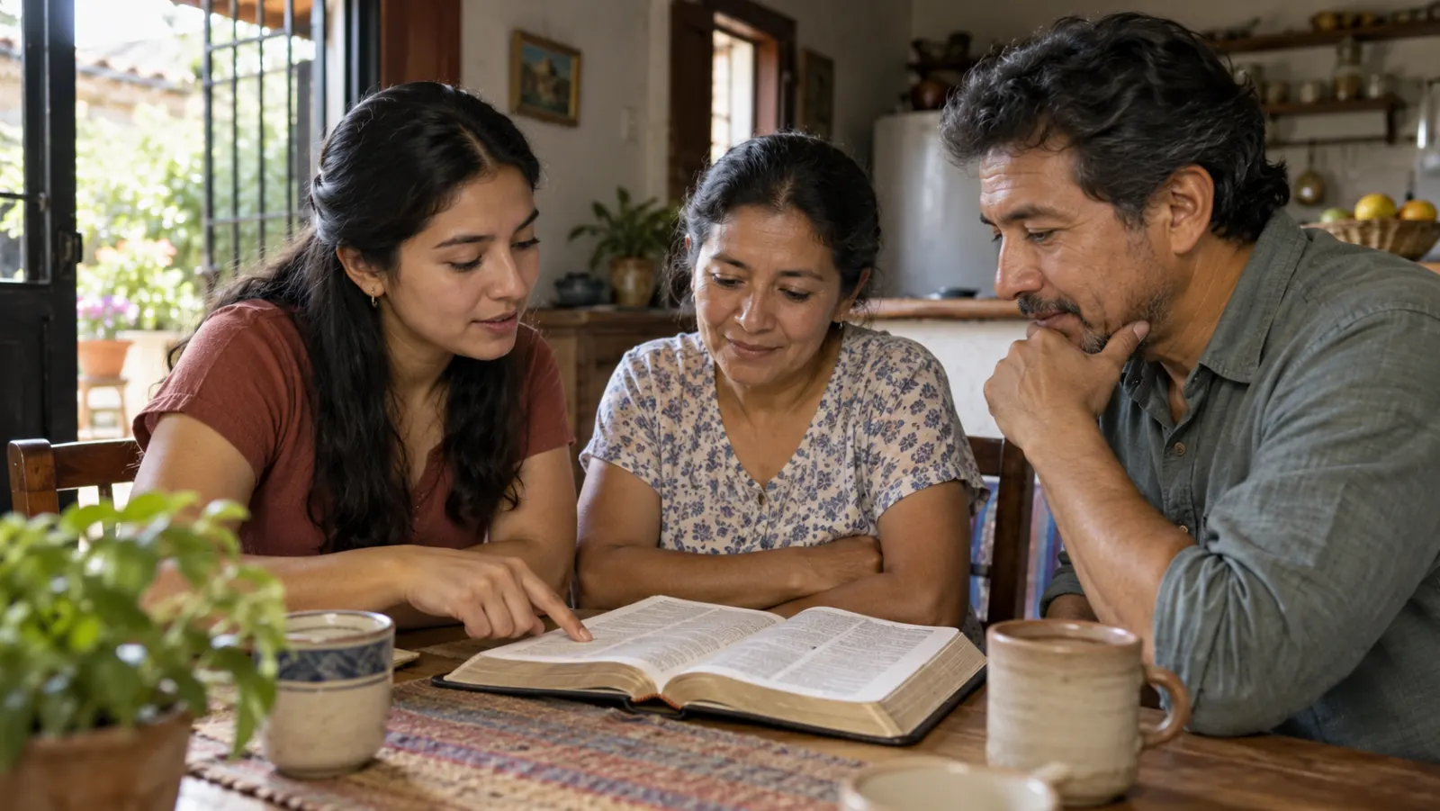Tres personas adultas estudian juntas una Biblia abierta y toman notas en una pequeña mesa familiar.
