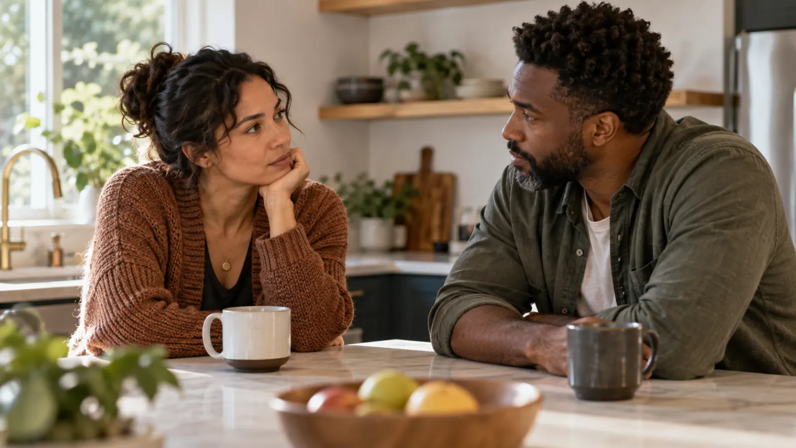Two spouses speak calmly face to face at a kitchen island.