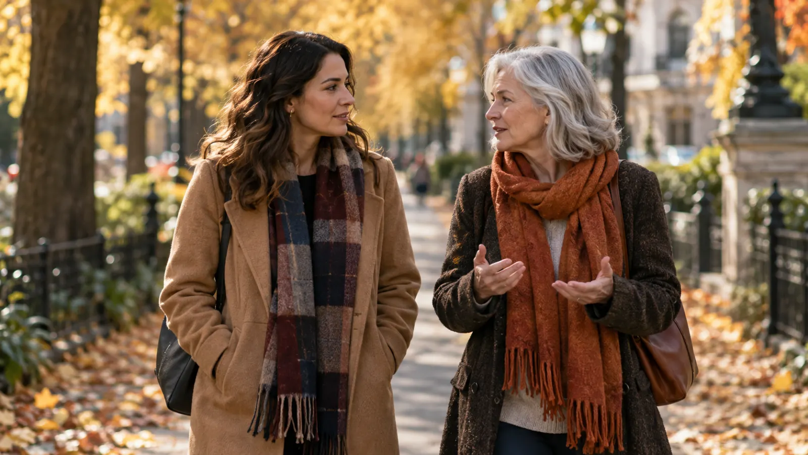 Two adults talk while walking together on a leafy city path.