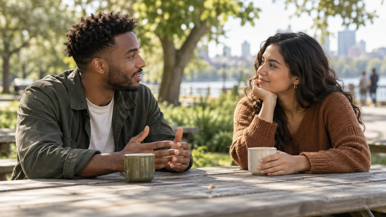 Two young adults talk at a park table in daylight.