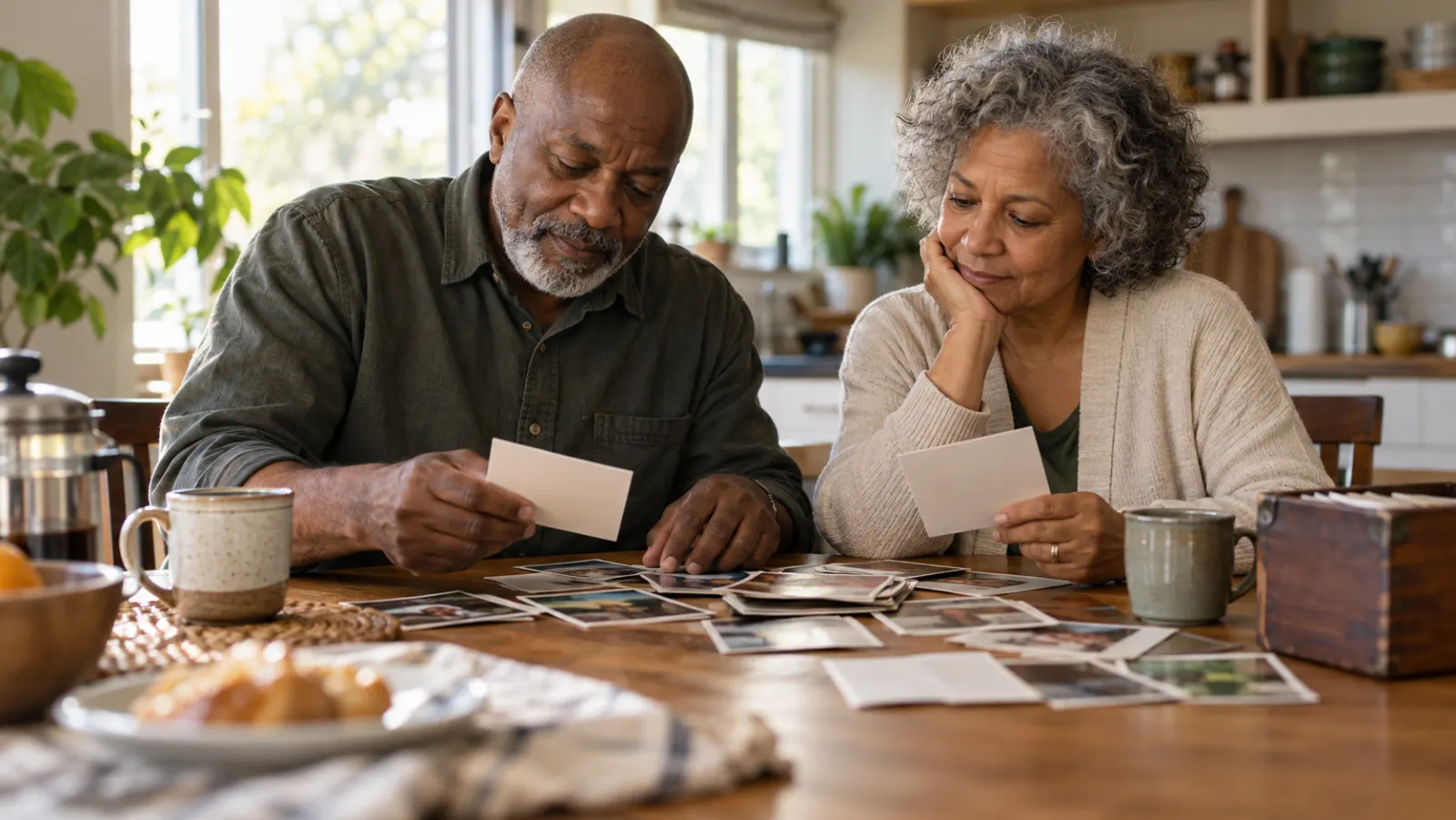 Two older adults sit together at a breakfast table considering family keepsakes.