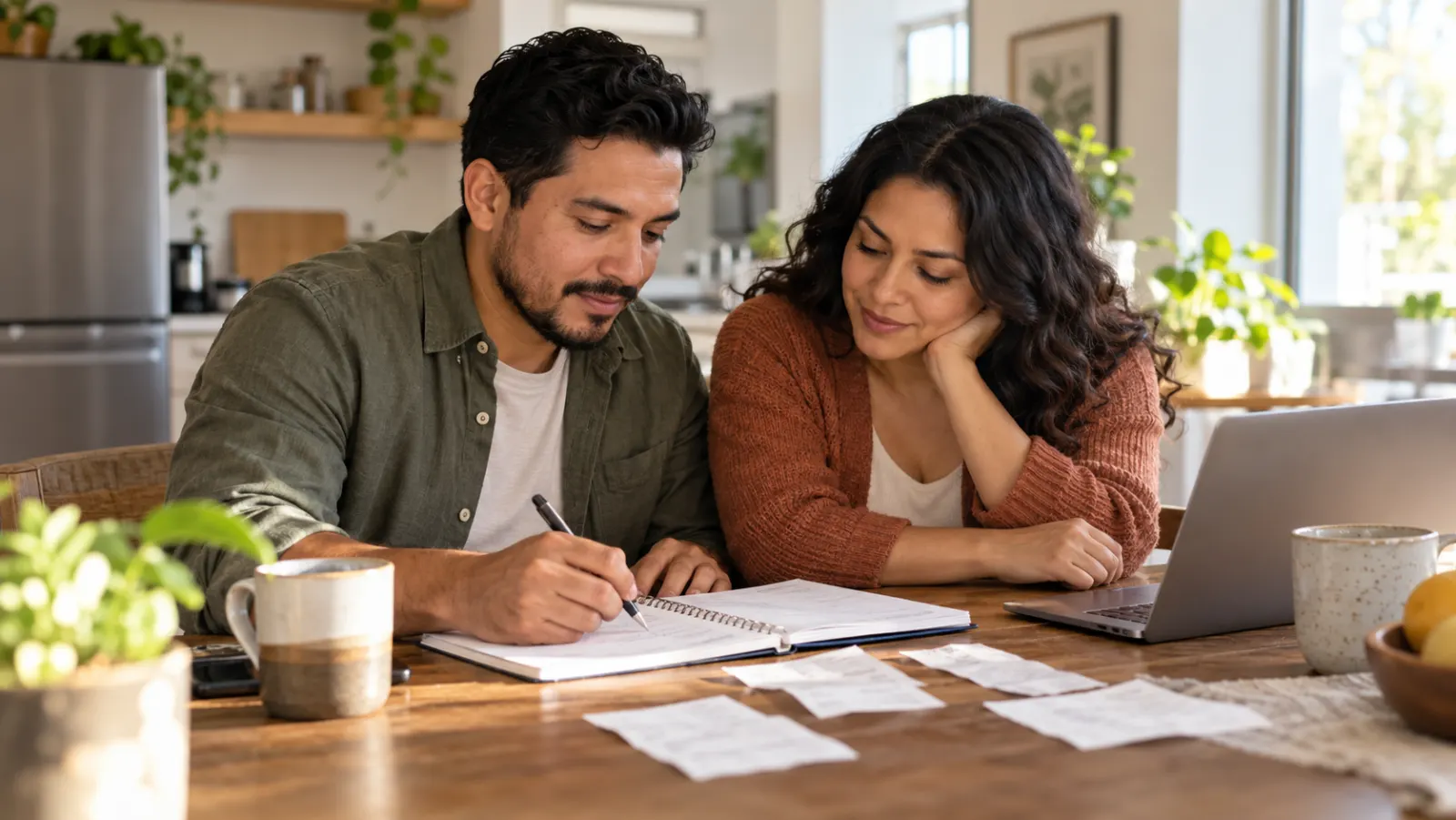 Dos adultos revisan juntos documentos domésticos sobre una mesa.