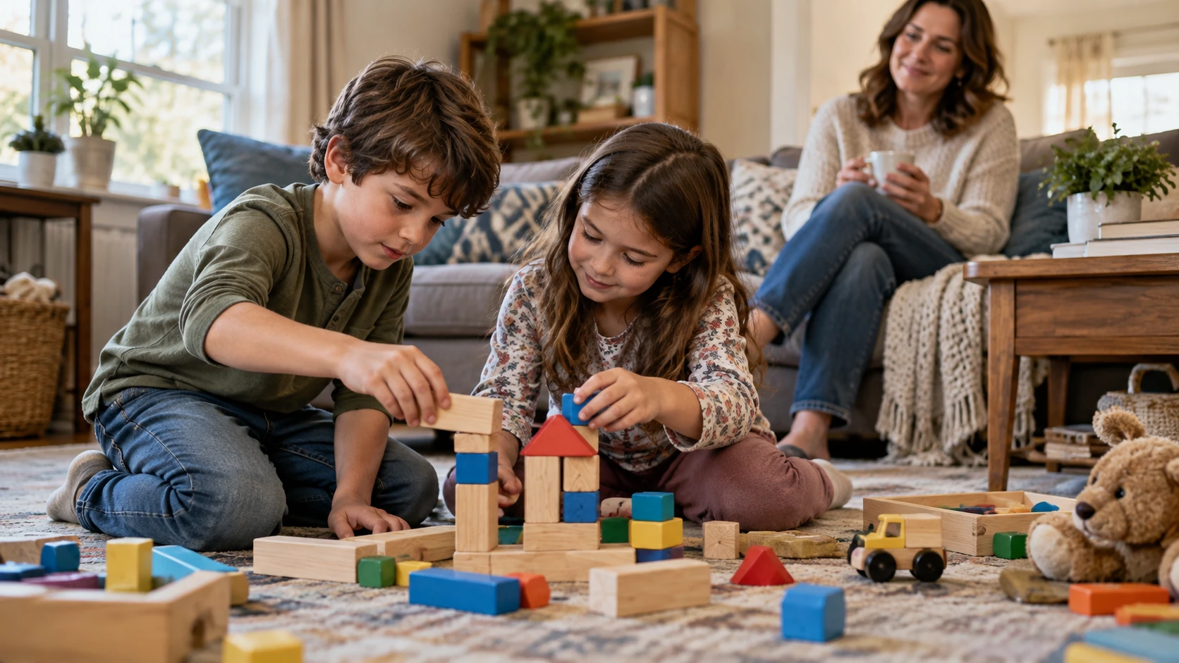Two children rebuild a block tower with an adult nearby.