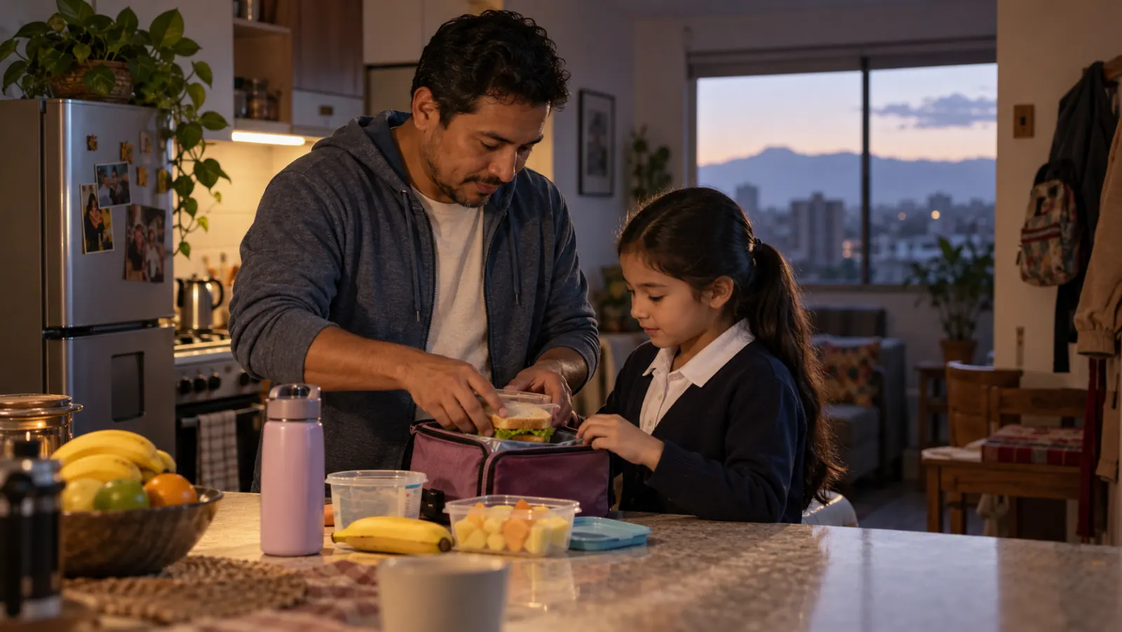 Un padre ayuda a su hija a preparar el almuerzo para la escuela.