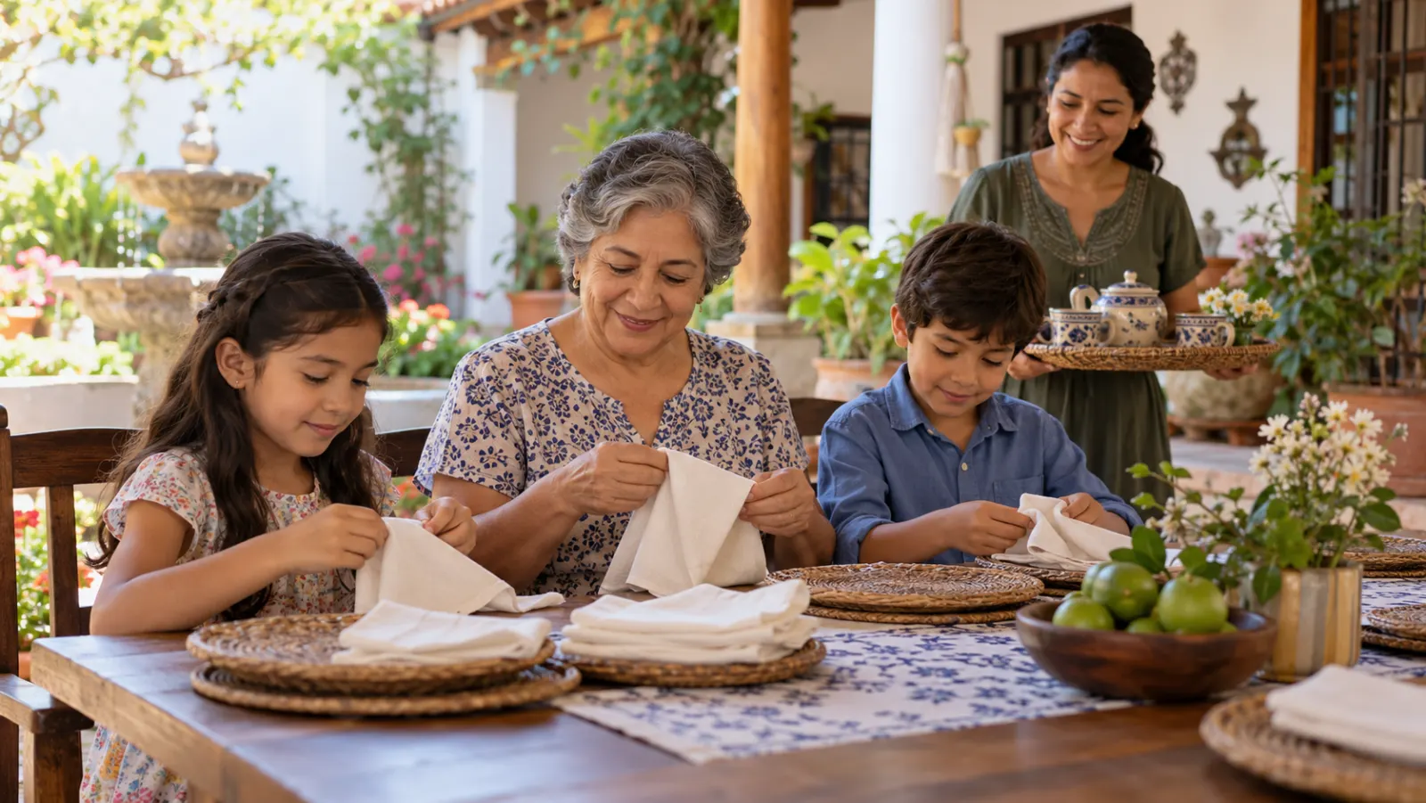 Una persona mayor y dos niños preparan servilletas para una comida familiar.