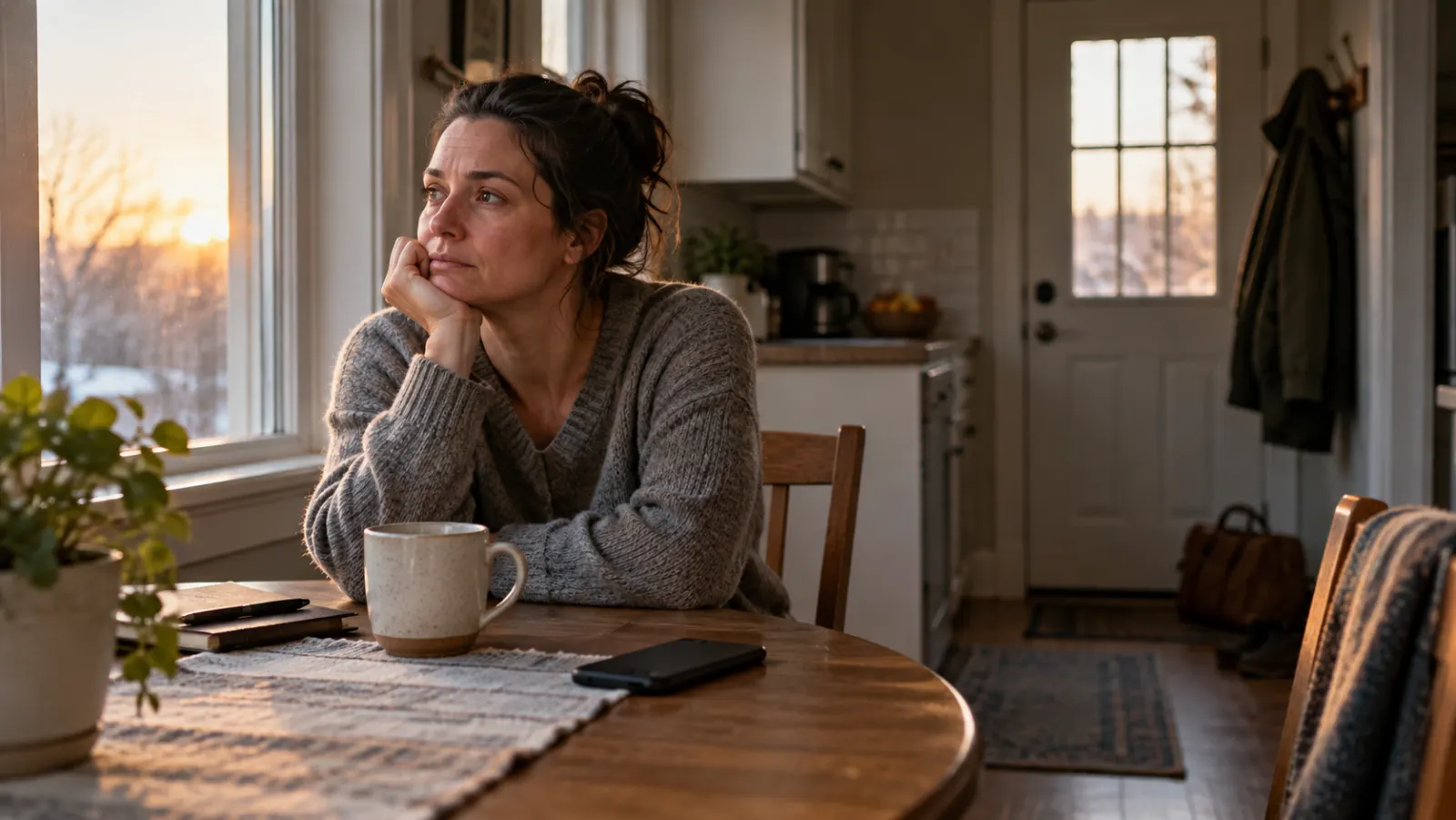 A woman sits thoughtfully at her kitchen table in early morning light.