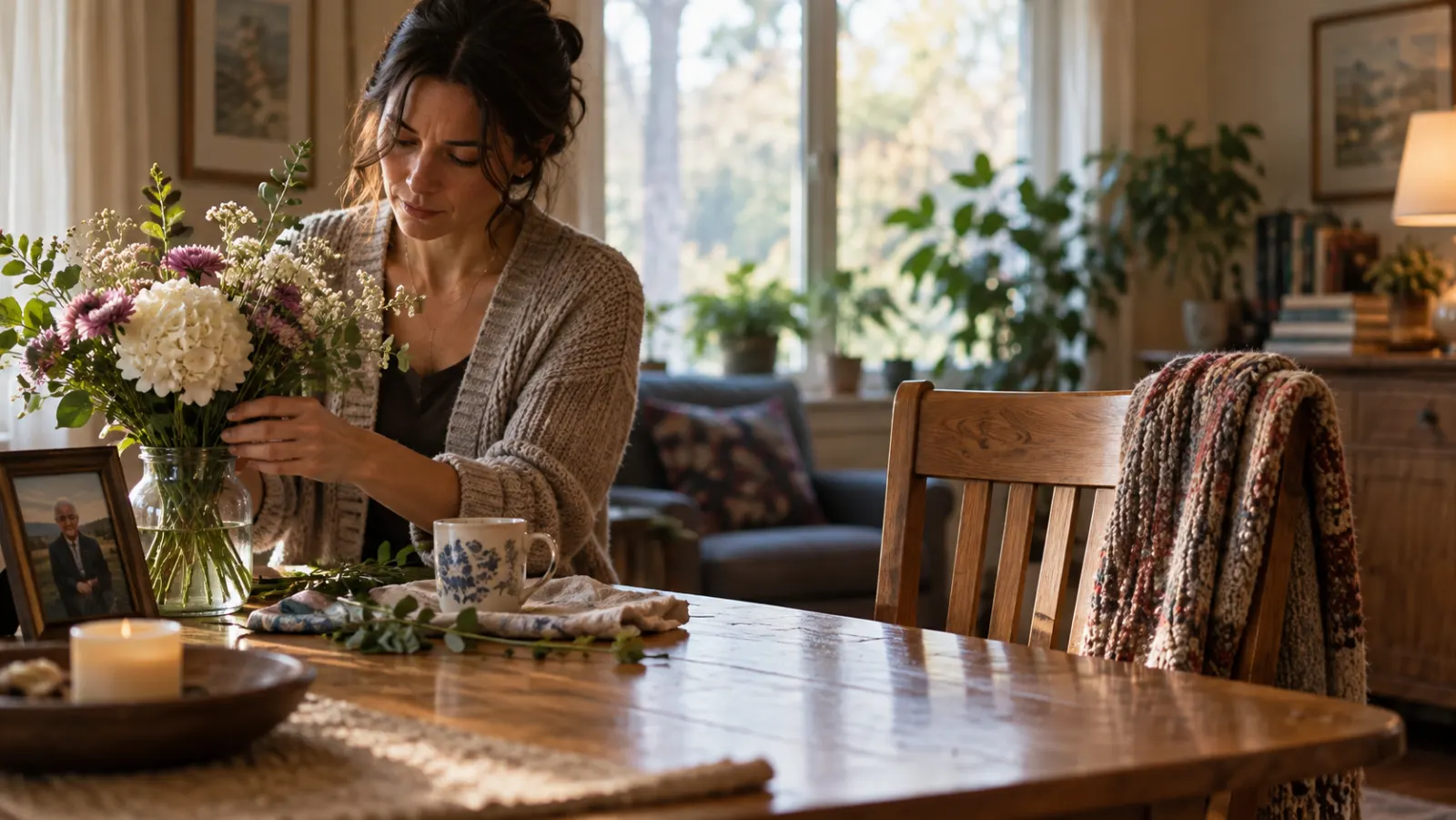 A woman arranges flowers beside an empty chair in a quiet home.