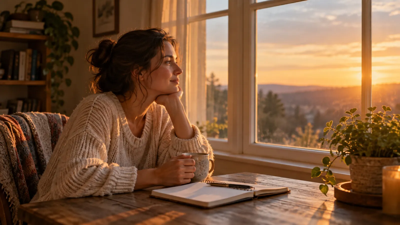 A woman looks out a window in warm evening light while holding a mug.