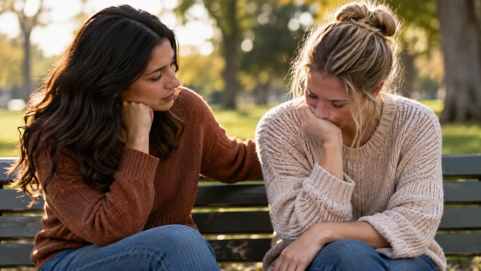 Two friends sit closely on a park bench, one listening to the other.