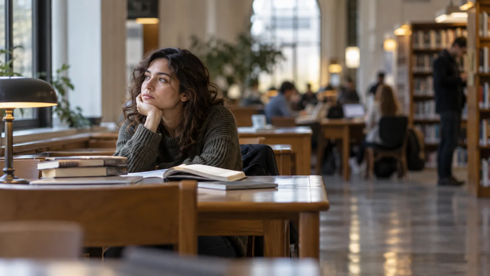A solitary woman sits at a table in a public library with an open book.