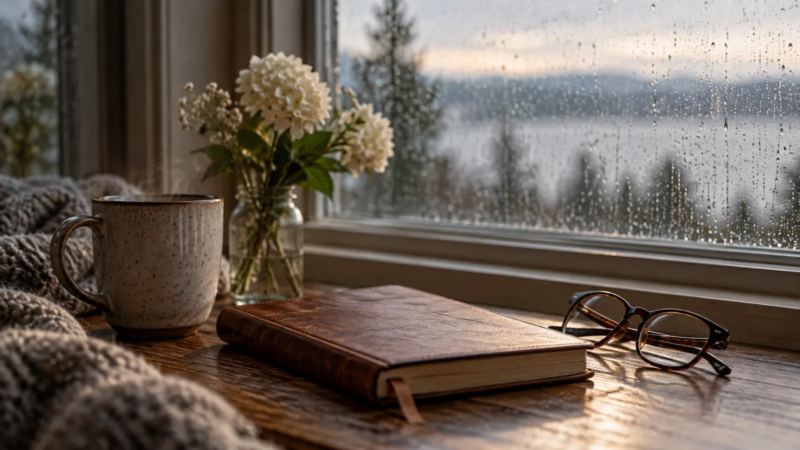 A closed journal, reading glasses, and flowers rest beside a rain-streaked window.