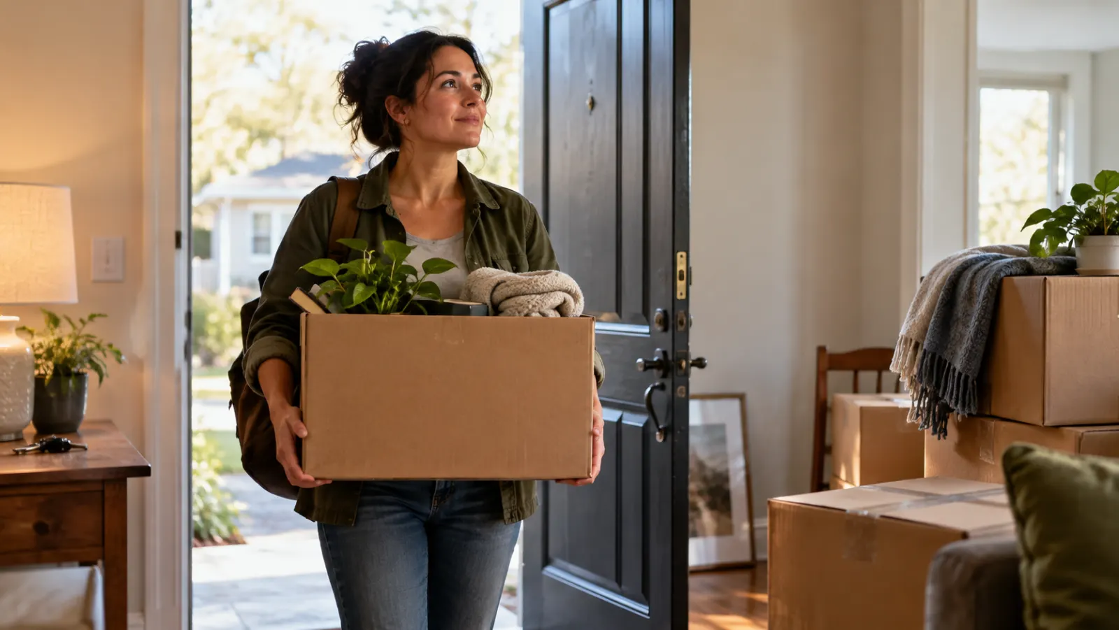 A woman carries a box of belongings through the doorway of a new home.