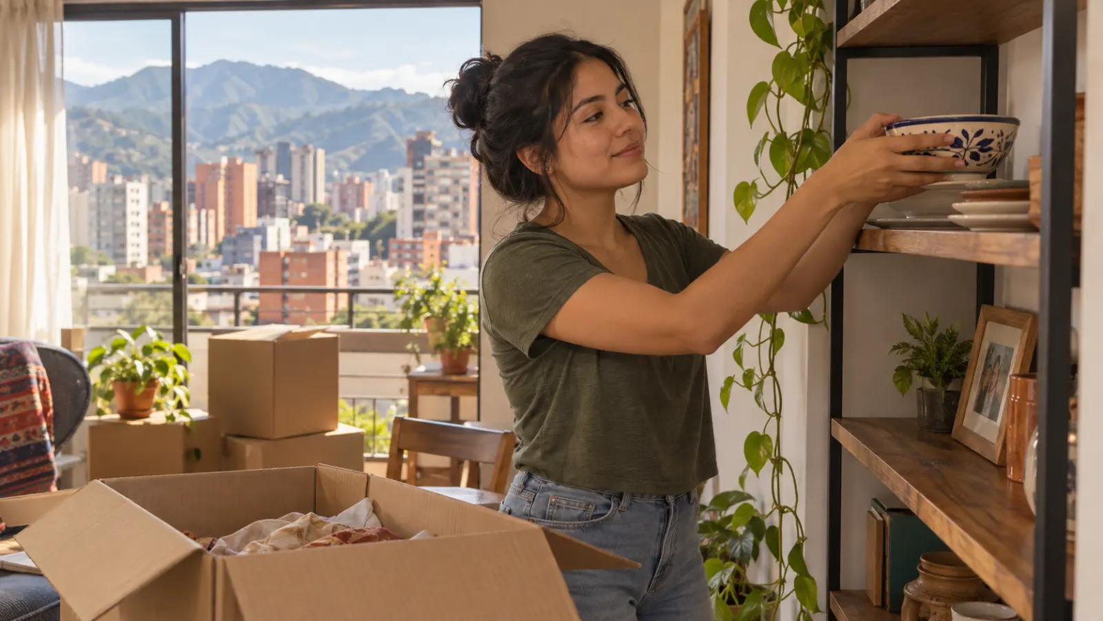 Una mujer coloca un cuenco de cerámica en una repisa al instalarse en un apartamento nuevo, con cajas aún sin abrir.