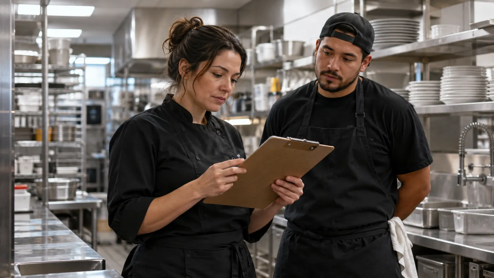 A restaurant employee checks a clipboard in an empty working kitchen.