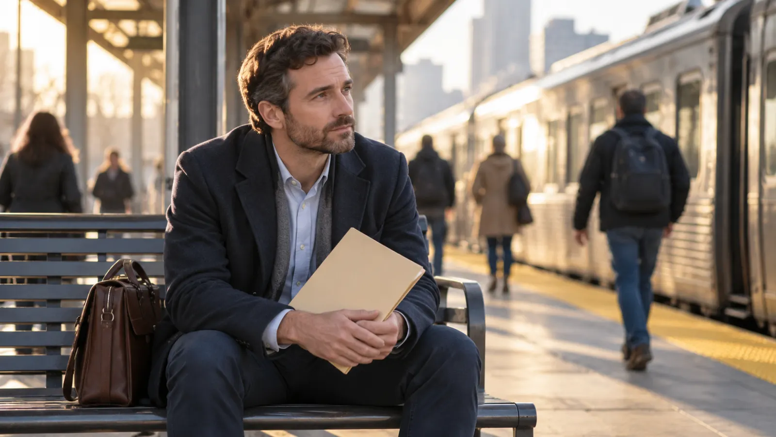 An adult with a commuter bag considers a decision at a train-station bench.