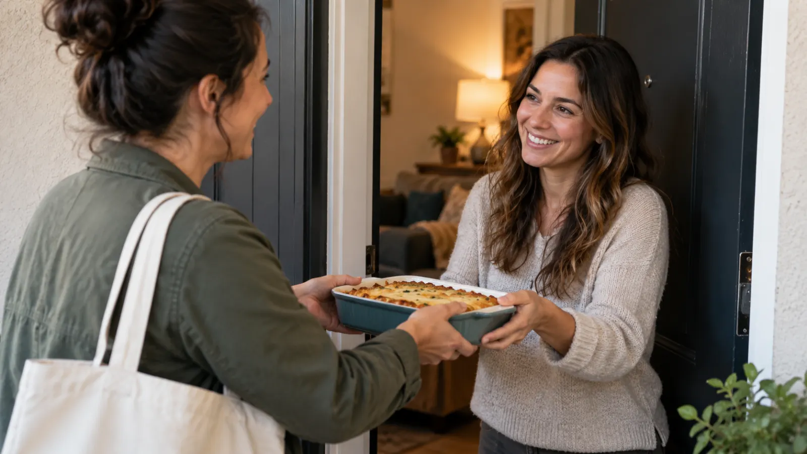 One neighbor offers a dish of homemade food to another at an apartment door.
