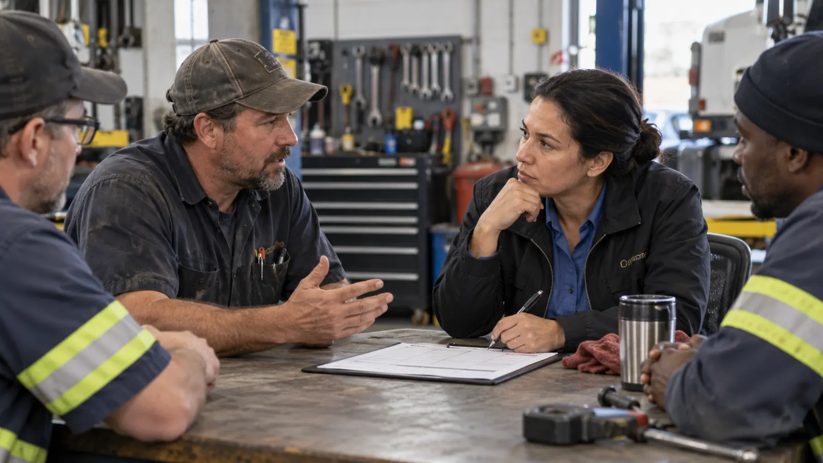 A supervisor listens to a worker beside a workshop table and an unmarked rota.