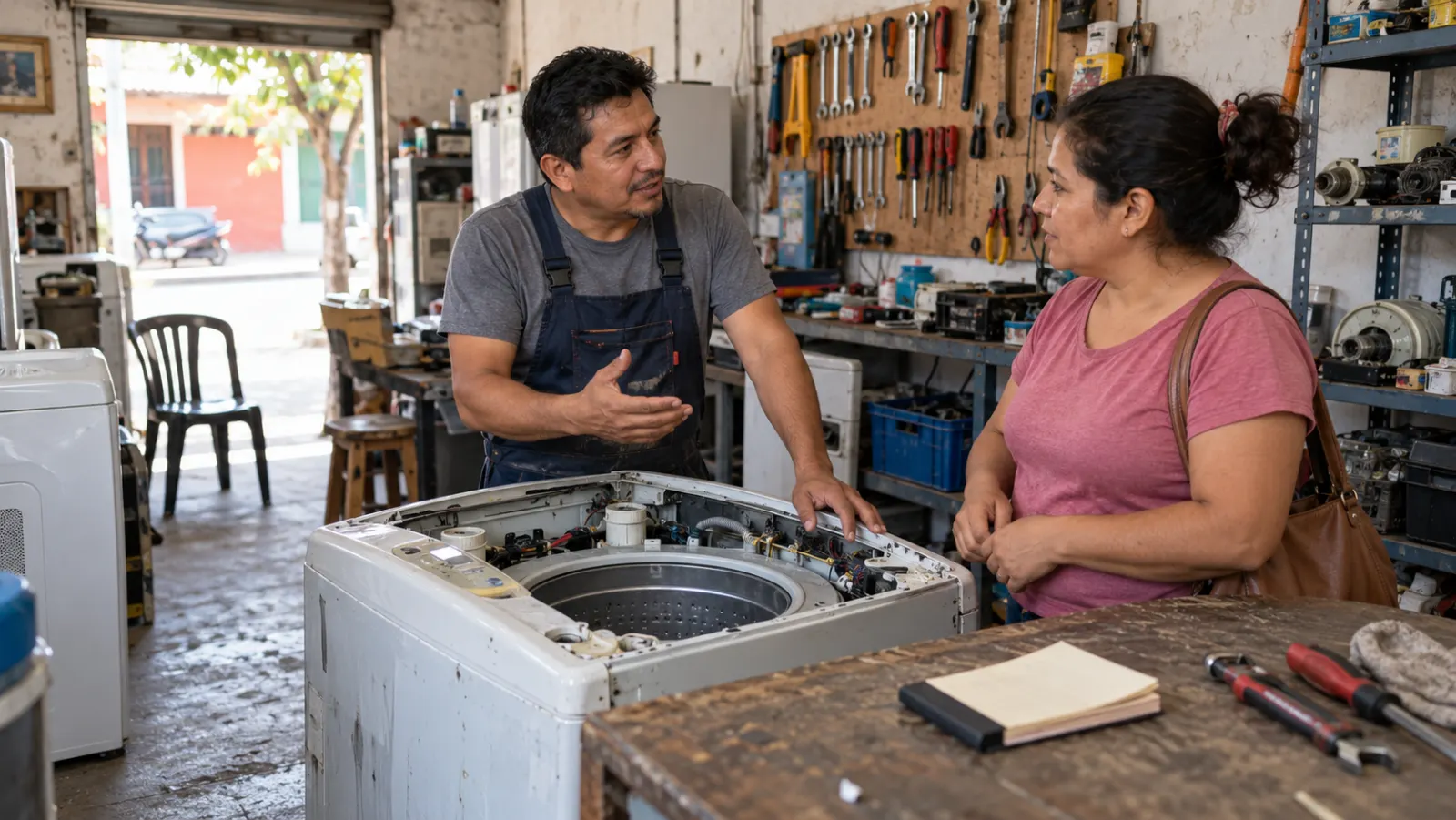 Un técnico y un cliente conversan en un taller de reparación de electrodomésticos de barrio.