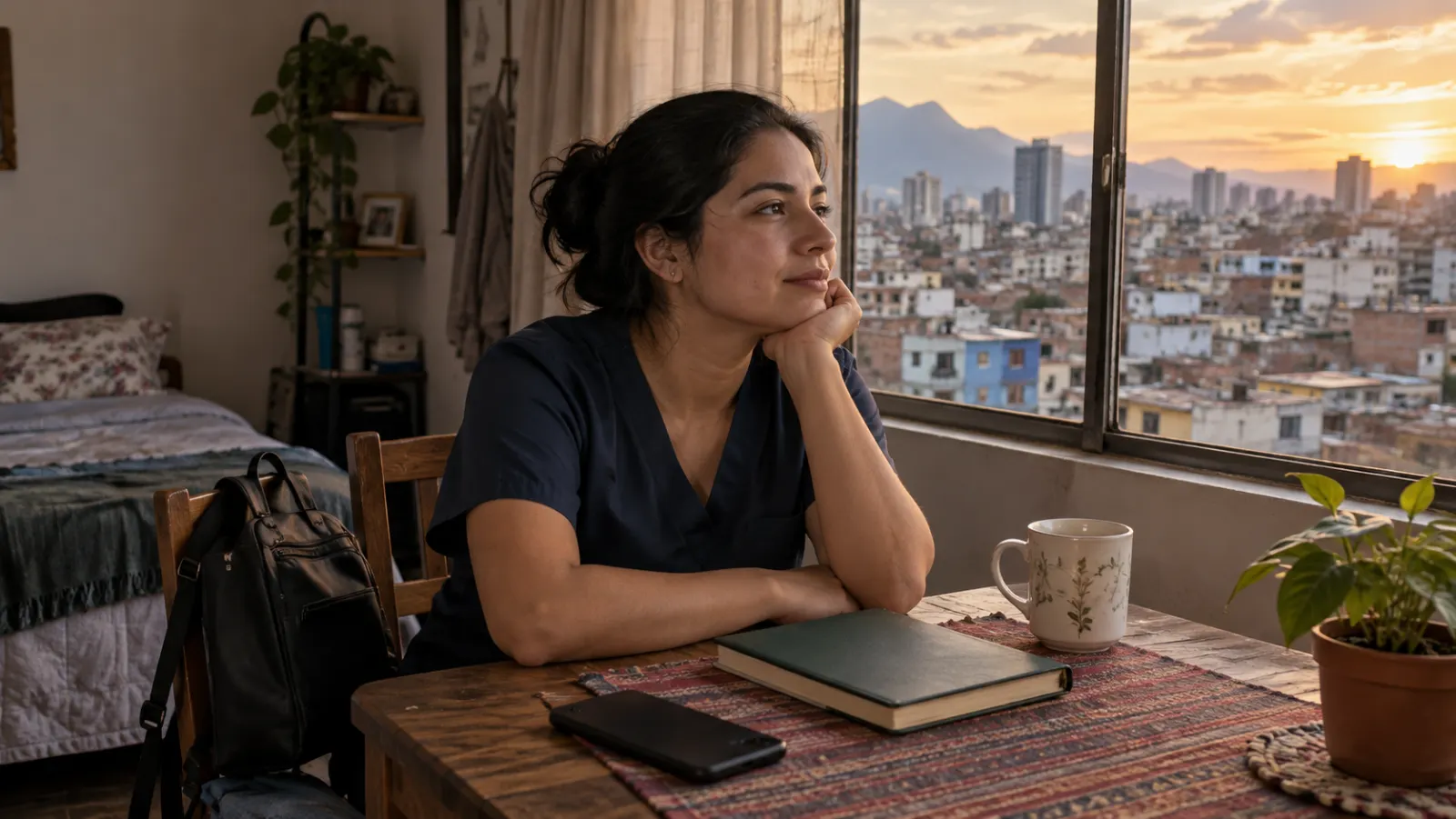 Una trabajadora reflexiona en una habitación alquilada con la ciudad latinoamericana al fondo.