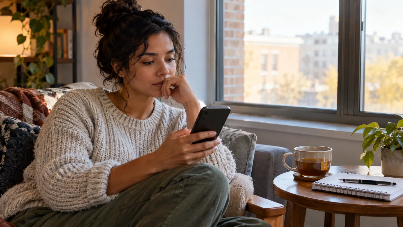 An adult pauses before responding to a message on a phone.