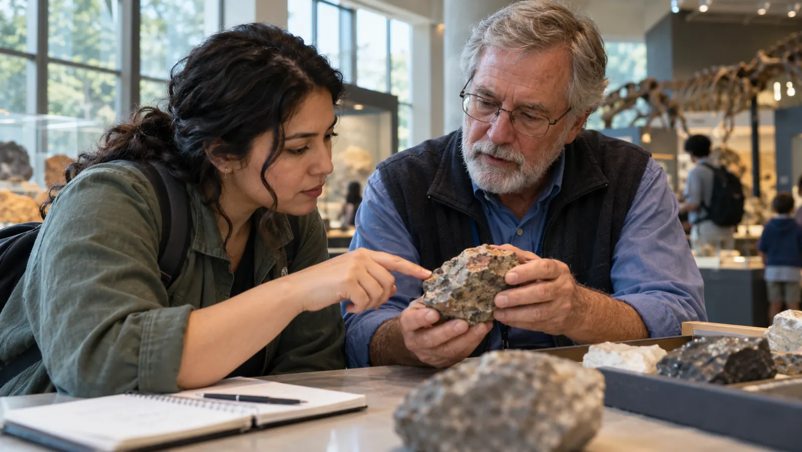 Two people discuss a rock specimen in a science learning space.