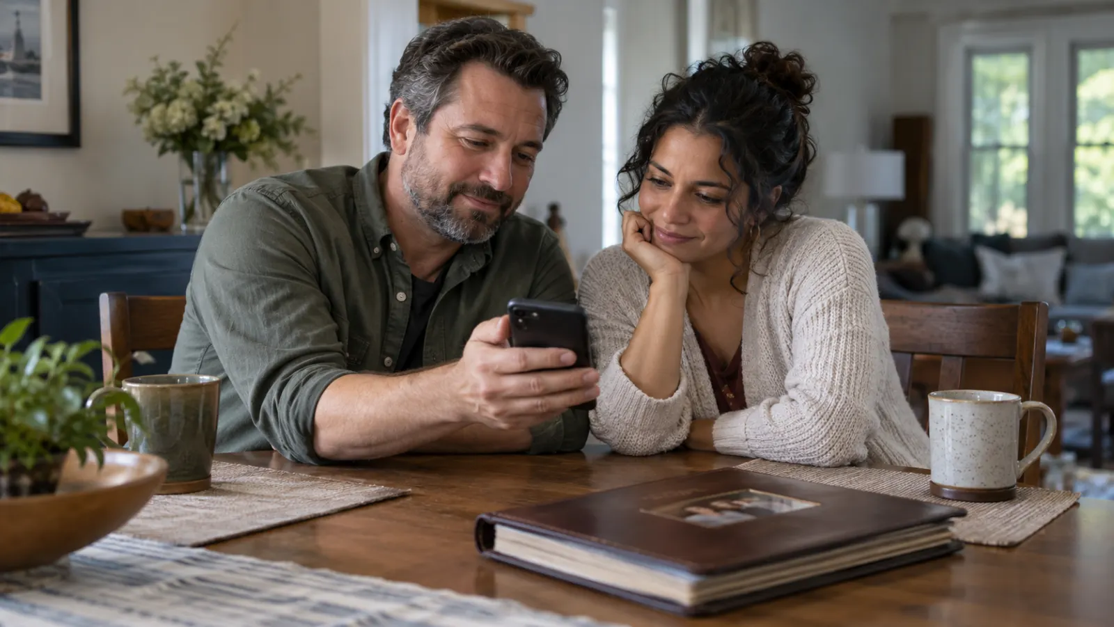 Two adults discuss a photo on a phone before sharing it.