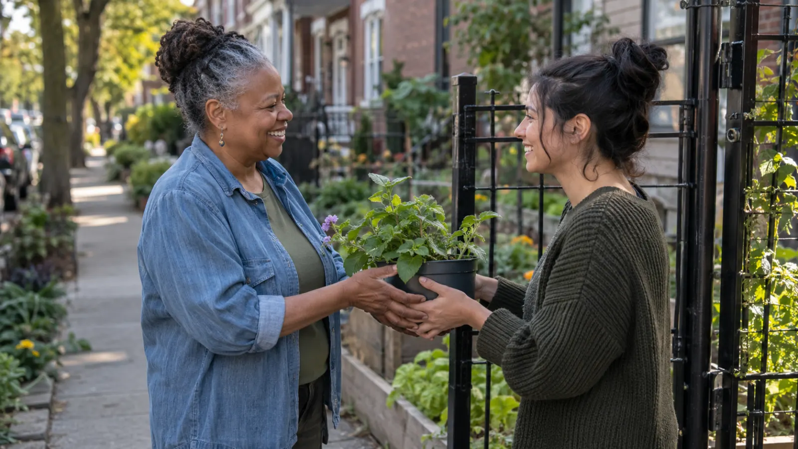 Neighbors exchange a small plant by a shared garden.