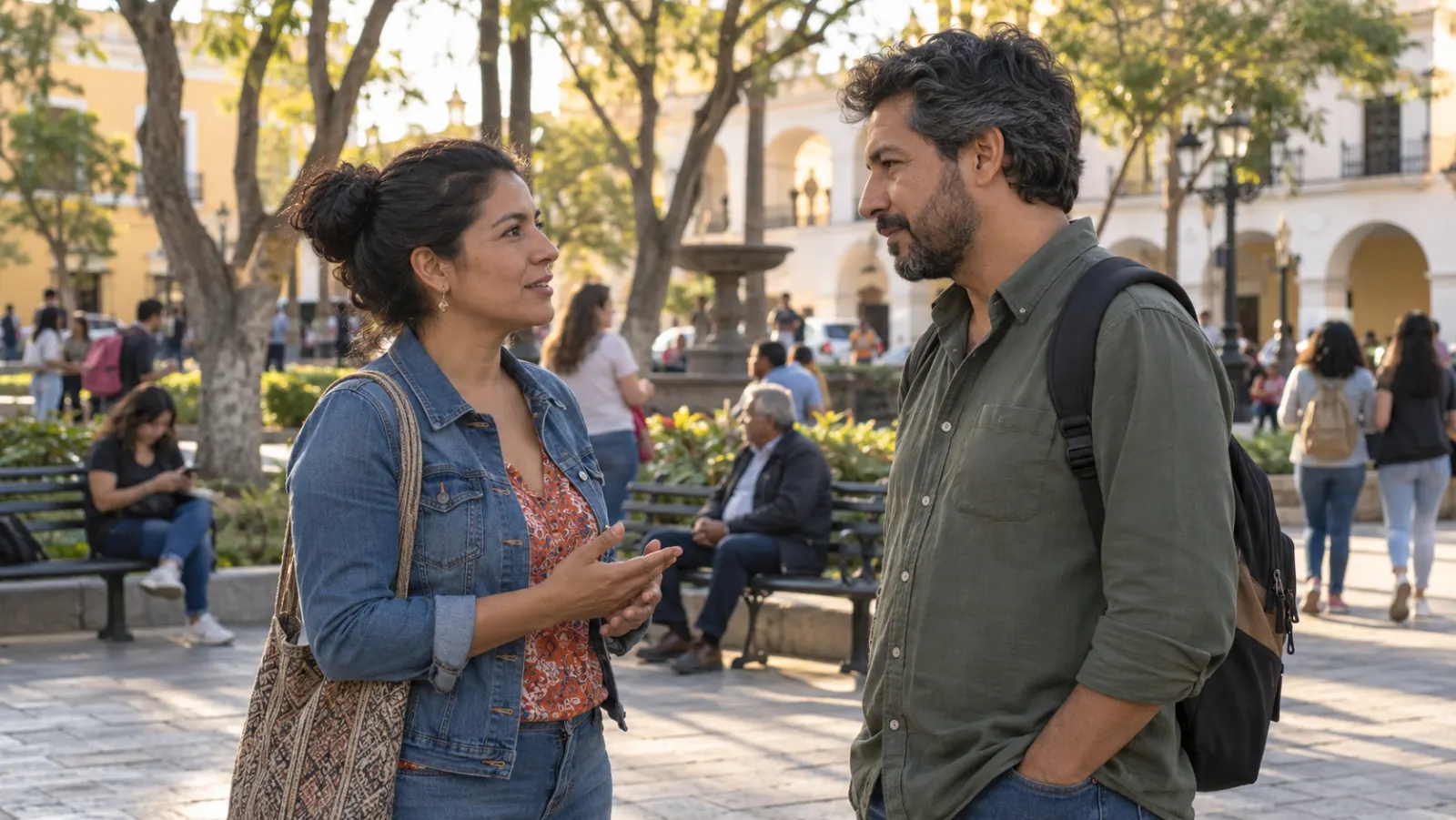 Dos vecinos conversan con respeto en una plaza pública.