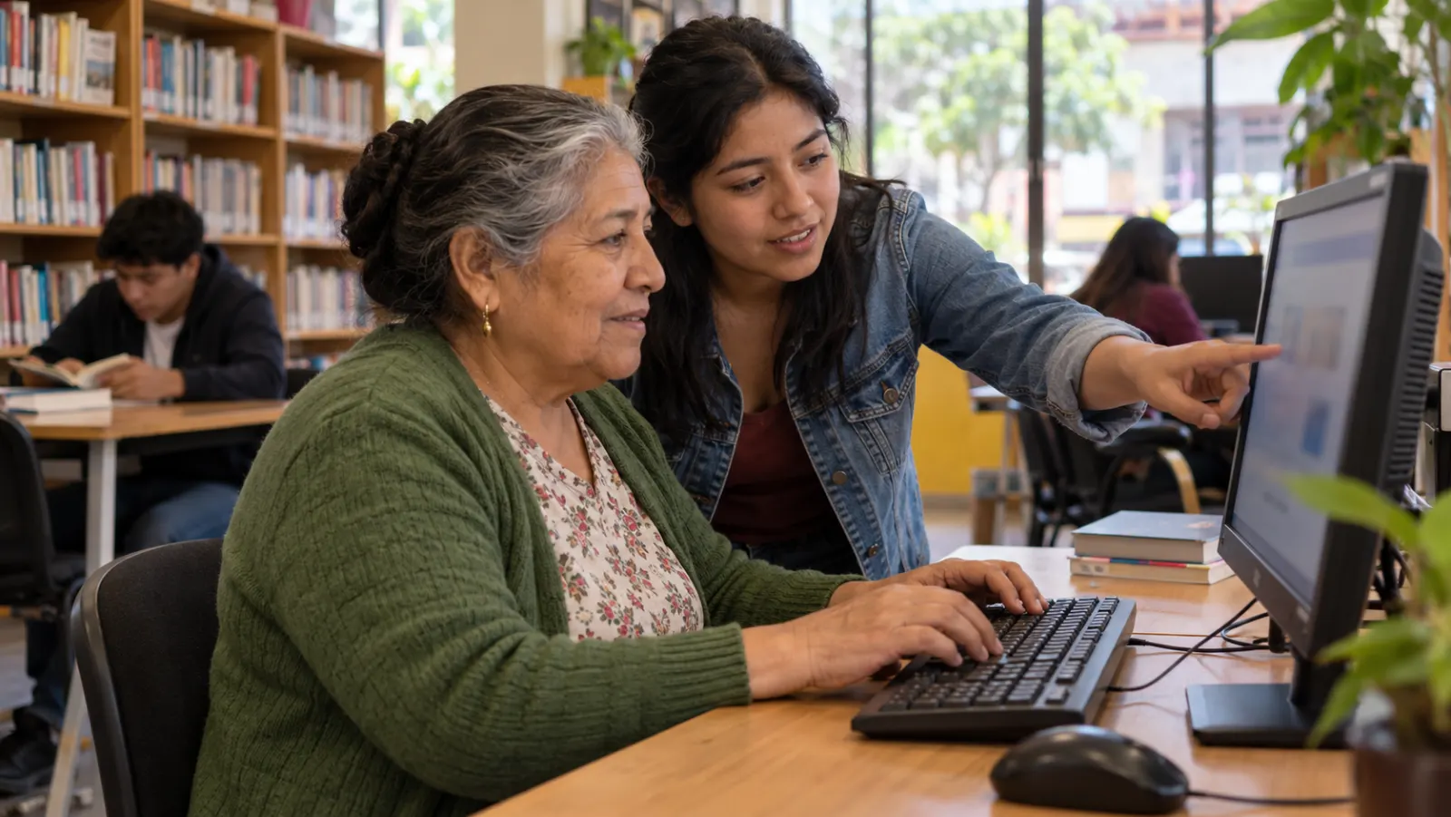 Una mujer mayor usa un ordenador mientras recibe orientación.