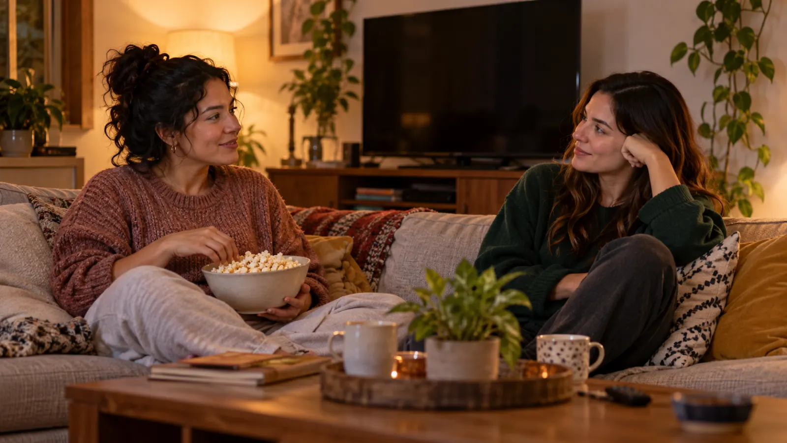 Dos amigas conversan en casa después de ver una película.