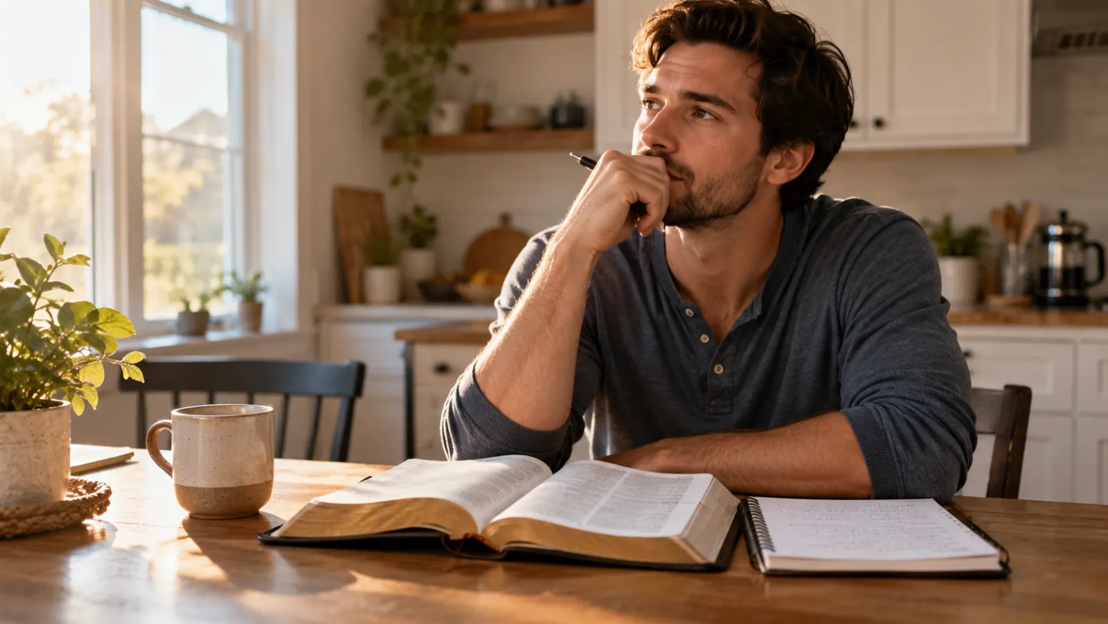 An adult pauses over notes and books while studying in a library.