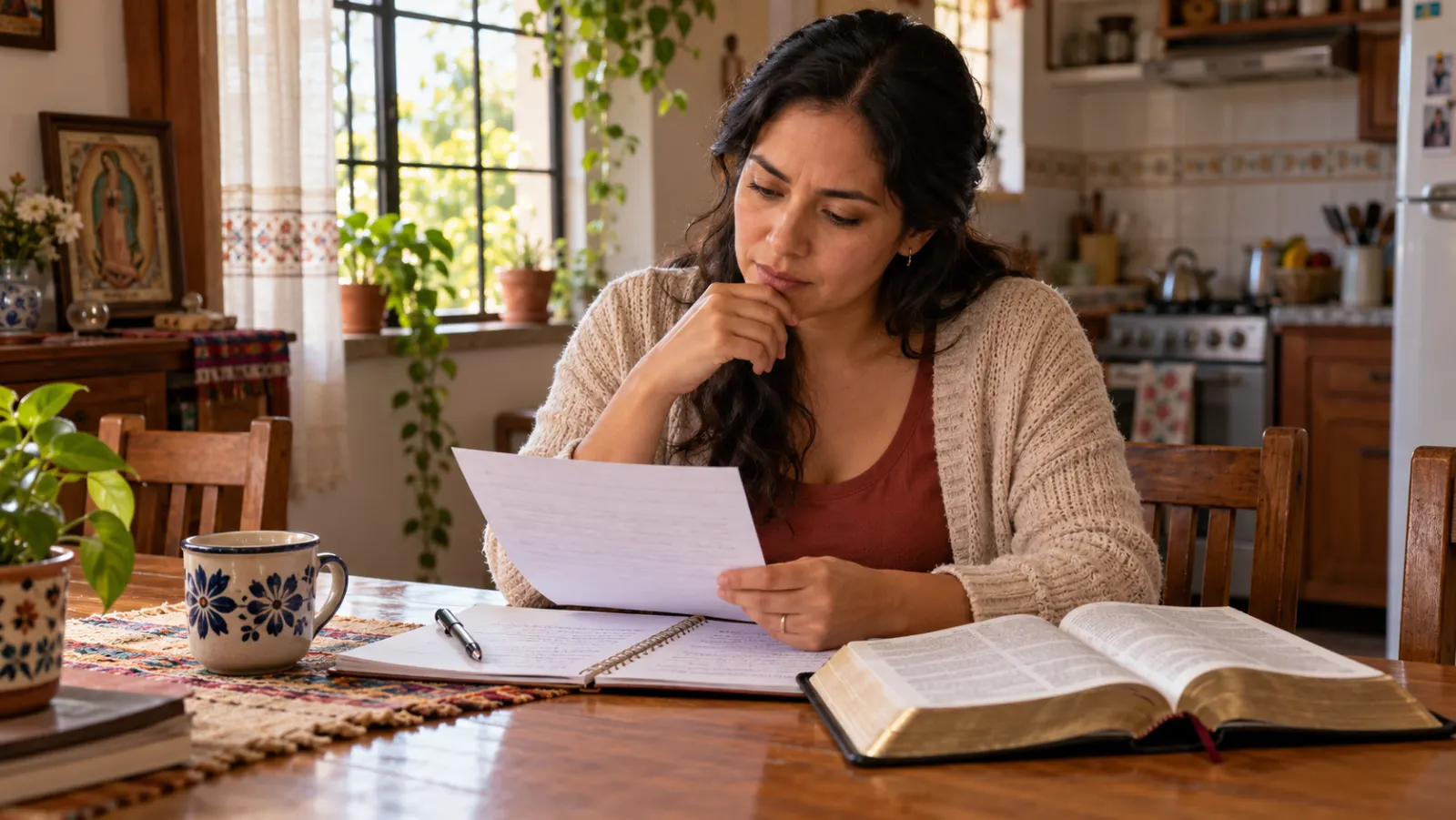 Una mujer reflexiona mientras lee una hoja junto a una Biblia abierta y un cuaderno en la mesa de su cocina.