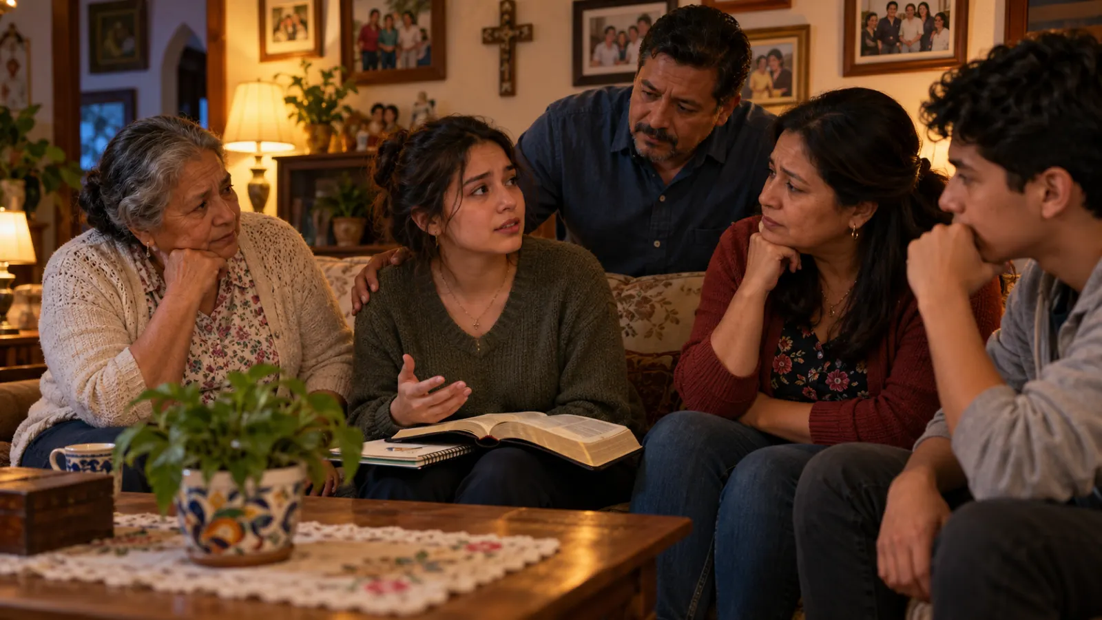 Varias generaciones de una familia conversan atentamente sobre la fe alrededor de una Biblia abierta en la sala de su casa.