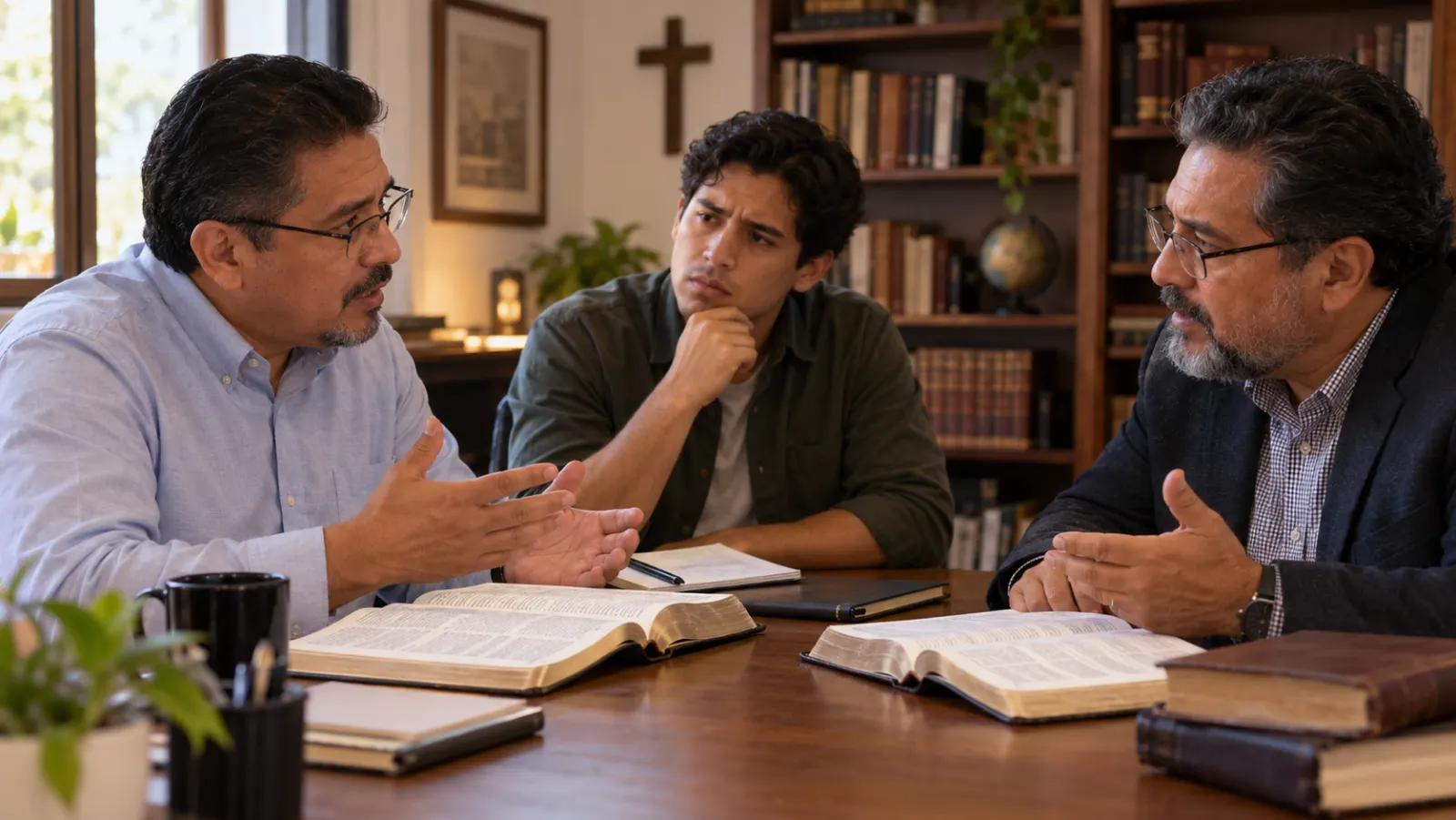 Tres hombres conversan sobre la interpretación de un pasaje bíblico junto a Biblias abiertas en una sala de estudio.