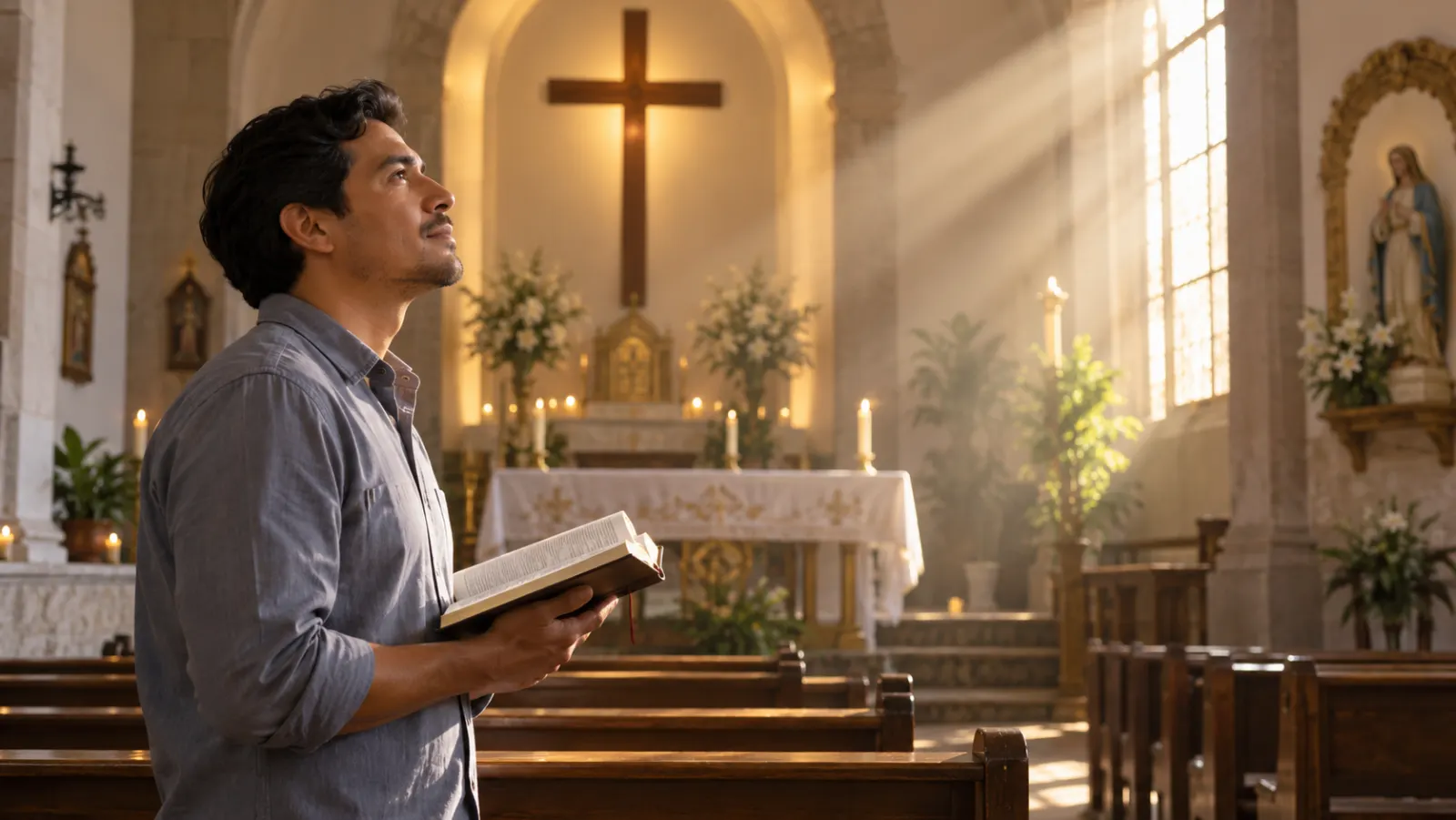 Un hombre sostiene una Biblia abierta y mira hacia la luz natural dentro de una iglesia.