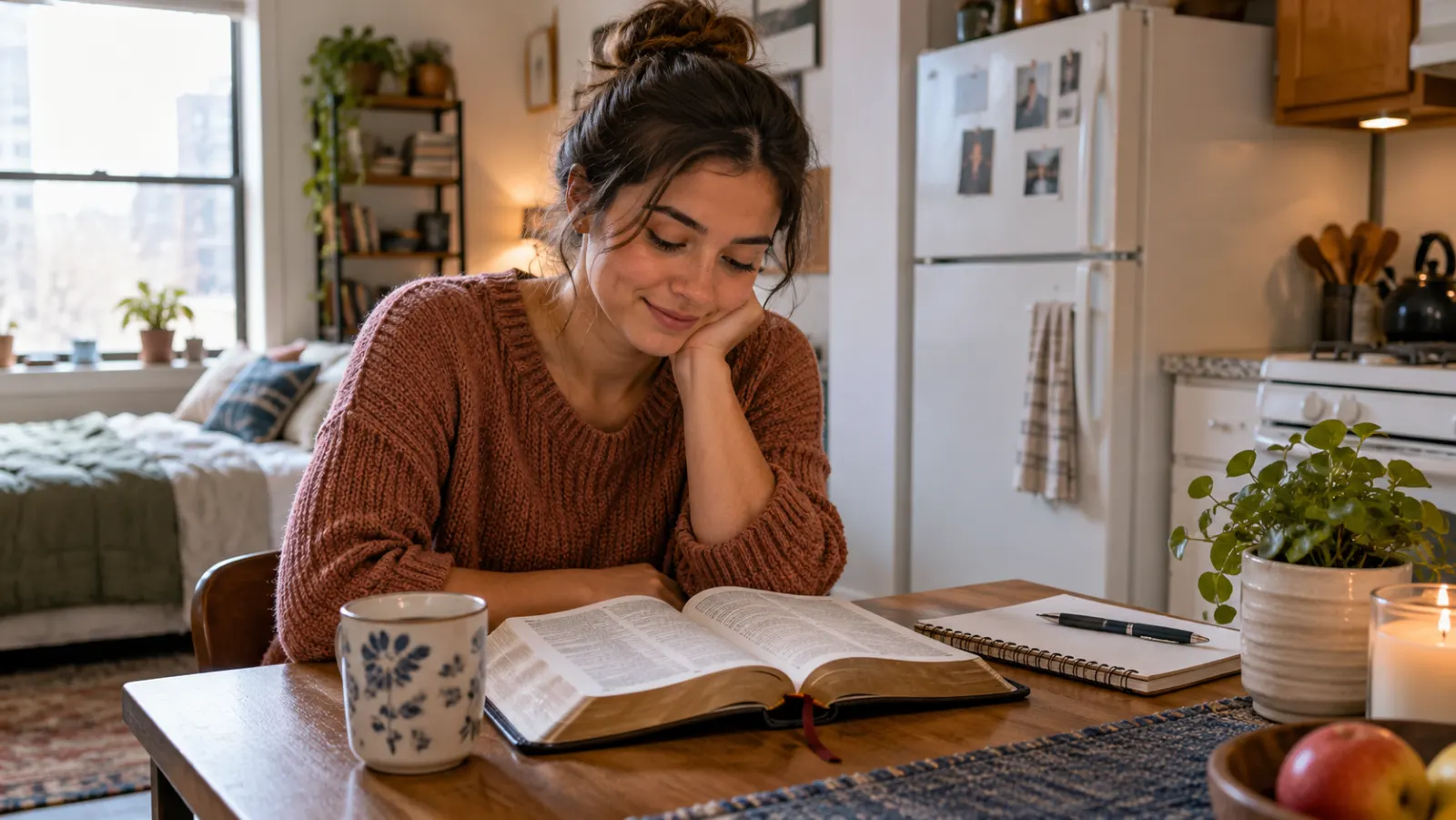 A young adult settles into a rented apartment with a moving box and books beside a window.