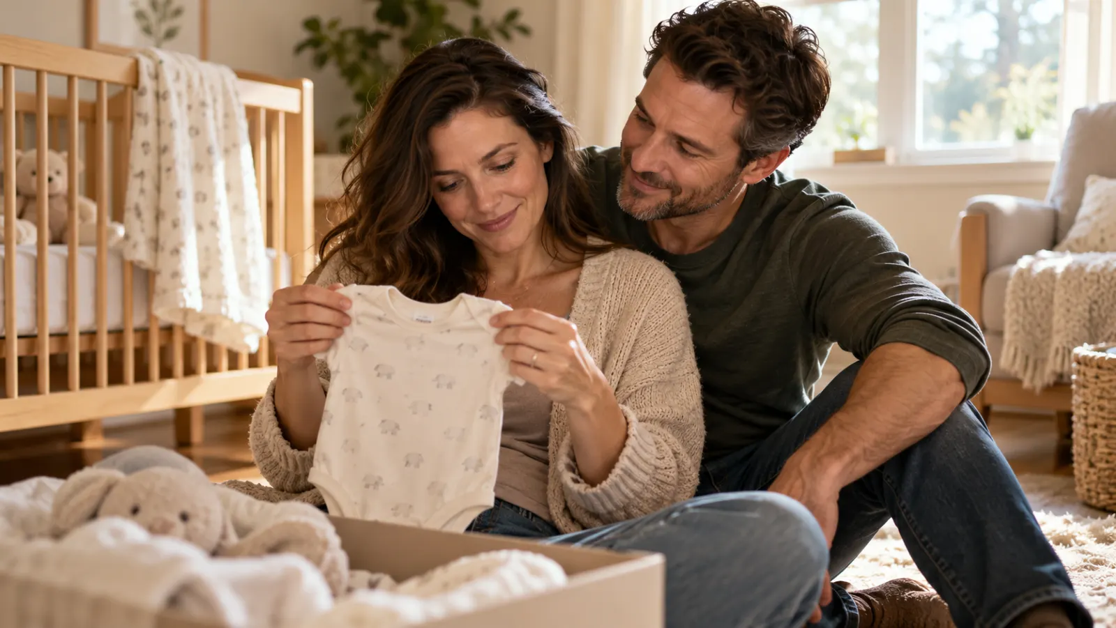 A first-time parent in their forties holds a baby at home while another adult offers a cloth.