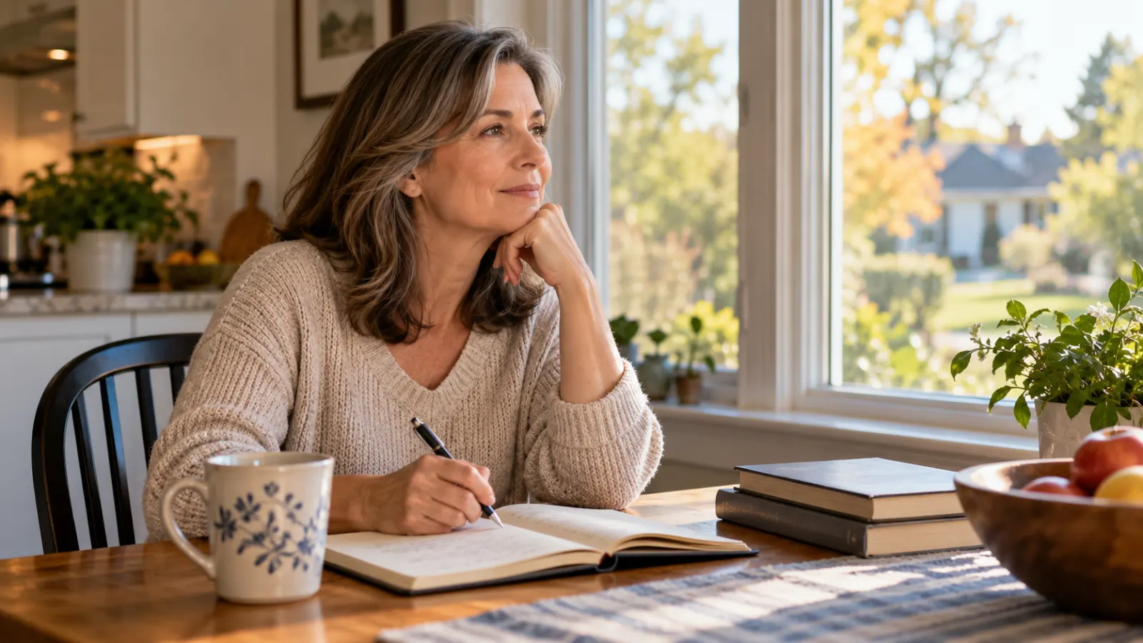 A middle-aged adult looks at older sketches and a new notebook at a home table.